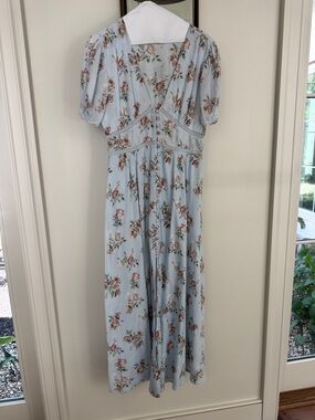 LoveShackFancy Pale Blue Floral Maxi Dress with Puff Sleeves